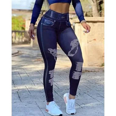 Women's Leggings Faux Denim Printed High Waist Butt Lift Active Pants