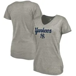 Women\'s New York Yankees Freehand V Neck Slim Fit Tri Blend T-Shirt Ash FengYun