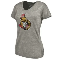 Women\'s Ottawa Senators Distressed Team Logo Tri Blend V Neck T-Shirt Ash FengYun