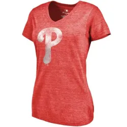 Women\'s Philadelphia Phillies Fanatics Branded Primary Distressed Team Tri Blend V Neck T-Shirt Heathered Red FengYun