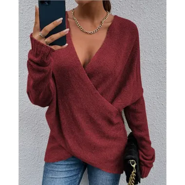 Wrap Front Long Sleeve V-Neck Knit Sweater