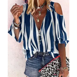 Zebra Stripe Print Zip Front Cold Shoulder Top