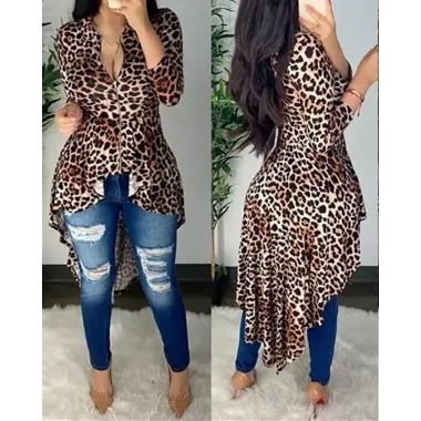 Zipper Design Cheetah Print Dip Hem Coat